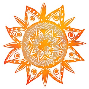 Hand drawn orange watercolor tribal sun. Vector