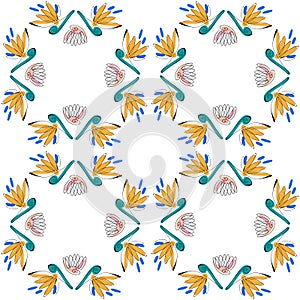 Hand drawn orange yellow flowers strelitzia and pink seashells on white background summer vacation vector seamless pattern