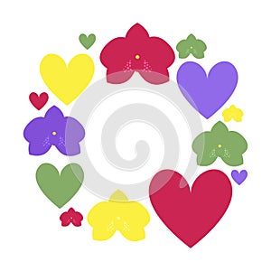Hand drawn orchid flowers and hearts in paper cut style isolated on white background
