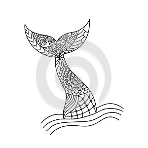 Hand drawn ornamental mermaid`s tail. Vector illustration isolated on white background.