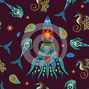 Hand drawn Ornamental Mermaid, sea-horse and calamar. photo