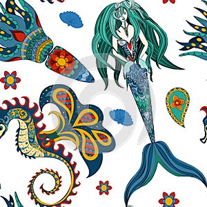 Hand drawn Ornamental Mermaid, sea-horse Fairy-tale