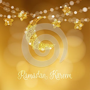 Hand drawn ornamental moon and stars. Festive decoration, string of glittering lights. Modern festive decorative blurred