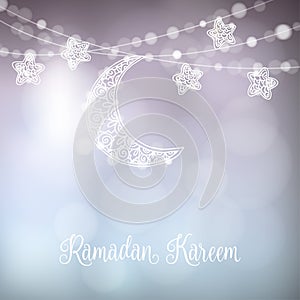 Hand drawn ornamental moon and stars. Festive decoration, string of glittering lights. Modern festive decorative blurred
