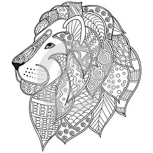 Hand drawn ornamental outline lion head illustration decorated with abstract doodles