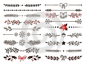 Hand drawn ornamental winter dividers. Snowflakes borders, Christmas holiday decor and floral ornate dividers vector set