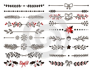 Hand drawn ornamental winter dividers. Snowflakes borders, Christmas holiday decor and floral ornate dividers vector set