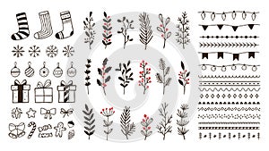 Hand drawn ornamental winter elements. Doodle christmas snowflake, floral branches and decorative borders vector set