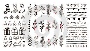 Hand drawn ornamental winter elements. Doodle christmas snowflake, floral branches and decorative borders vector set