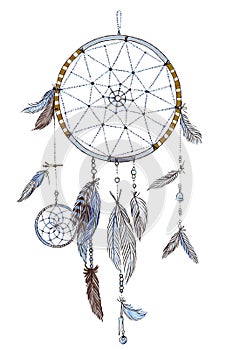 Hand drawn ornate Dream catcher with feathers in soft trendy colors. Astrology, spirituality, magic symbol. Ethnic tribal element.