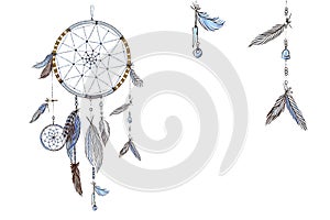 Hand drawn ornate Dream catcher with feathers in soft trendy colors. Astrology, spirituality, magic symbol. Ethnic tribal element.