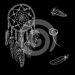 Hand drawn ornate Dreamcatcher with feathers, gemstones. Astrology, spirituality, magic symbol. Ethnic tribal element.