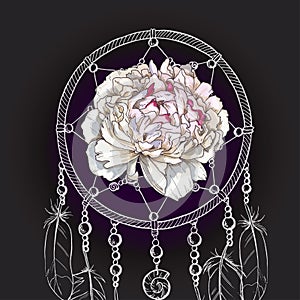 Hand drawn ornate Dreamcatcher gently pink peony bud in the center on black background. Vector illustration.