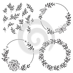 Hand drawn ornate round floral wreath frames set with branches, dandelion, butterflies and leaves in graphic style vector