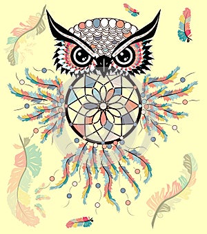 Hand drawn ornate spiritual symbols, totemic and mascot Owl with the dream catcher and mandala. Boho style photo