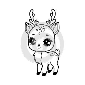 Hand drawn outline black vector illustration of a beautiful happy deer isolated on a white background for coloring book