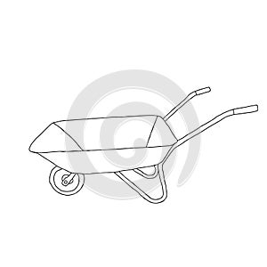 Hand drawn outline black vector illustration of a beautiful metal truck with handles for gardening isolated on a white