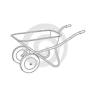 Hand drawn outline black vector illustration of a beautiful metal truck with handles for gardening isolated on a white