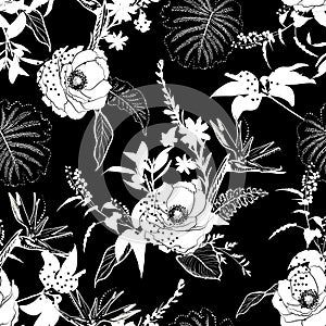 Hand drawn outline blalck and white Silhouette of botanical flower and leaves mixe dwith polka dots seamless pattern vector,Design