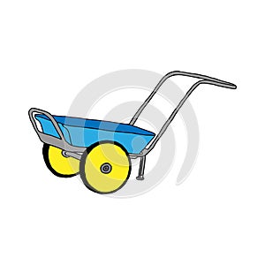Hand drawn outline blue vector illustration of a beautiful metal truck with handles for gardening isolated on a white background