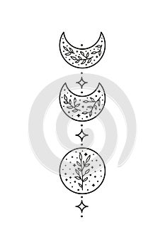Hand drawn outline celestial floral moon phases.