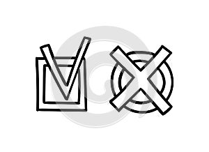 Hand drawn outline check marks. Doodle tickbox and cross in a round shape. Agree or disagree sign. Vector illustration