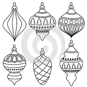 Hand drawn Outline Christmas balls collection for coloring