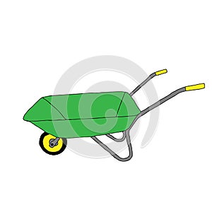 Hand drawn outline green vector illustration of a beautiful metal truck with handles for gardening isolated on a white background