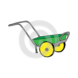 Hand drawn outline green vector illustration of a beautiful metal truck with handles for gardening isolated on a white background
