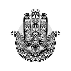 Hand drawn outline illustration of a hamsa hand symbol. Hand of Fatima religious sign with all seeing eye. Vintage boho style. Vec