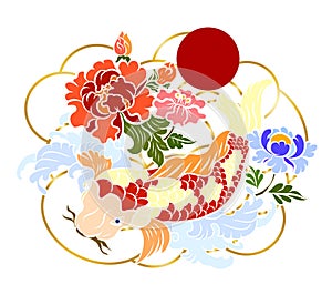 Hand drawn outline koi fish and Chinese doodle art. Peony,Cherry blossom and lotus vector.