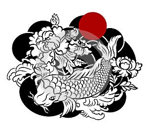 Hand drawn outline koi fish and Chinese doodle art. Peony,Cherry blossom and lotus vector.