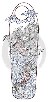 Hand drawn outline Koi fish and  Japanese tattoo.doodle art Koi fish