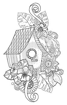 Hand drawn outline nesting box decorated with floral ornament. photo