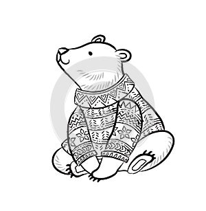 Hand drawn outline print with polar bear in winter sweater