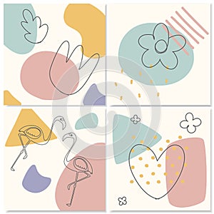 Hand drawn outline style doodle objects. Abstract Geometric Memphis card pastel colors. Minimal outline Vector illustration.