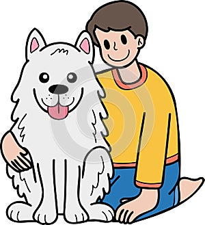 Hand Drawn owner hugs Samoyed Dog illustration in doodle style