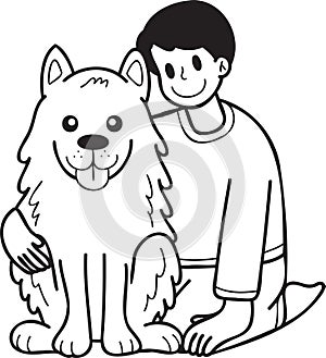 Hand Drawn owner hugs Samoyed Dog illustration in doodle style