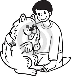 Hand Drawn owner hugs Samoyed Dog illustration in doodle style