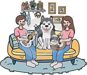 Hand Drawn The owner plays guitar with the dog and cat in the living room illustration in doodle style