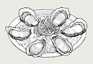 Hand drawn oyster salt-water bivalve platter