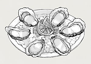 Hand drawn oyster salt-water bivalve platter photo