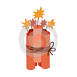 Hand drawn pack of dynamite with lit fuse. Simple clipart sign of bomb, explosion, danger. Bundle of burning dynamite