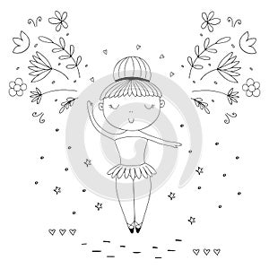 Hand drawn page for coloring book with cute little ballerina vector illustration.