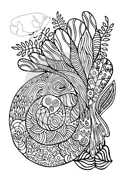 Hand drawn page in zendoodle style for adult coloring book. Abst
