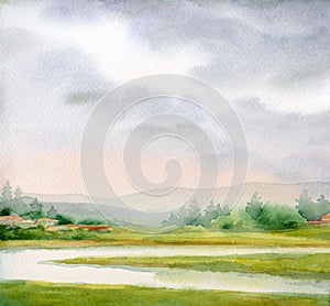 Watercolor landscape. Village by the river