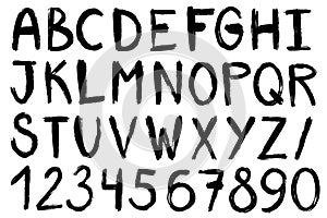 Hand drawn paint brush font. Handwritten alphabet in brush stroke style. Modern lettering in vector. Handmade grunge