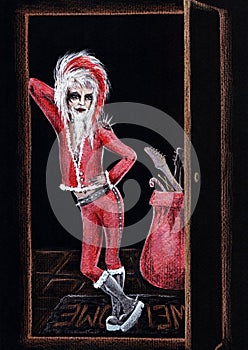 Hand Drawn / Painted non typical Santa Claus in leggings, makeup, heavy leather boots in glam heavy metal / hard rock style of 80s photo