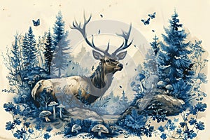 Hand-drawn painting of a deer in a wooded area, created with a blue pen for a special occasion