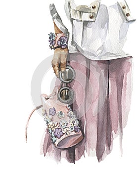 Hand drawn painting of female hipster. Fashion watercolor illustration of young woman. Street style look